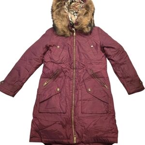 Womens Burberry Burgandy Puffer Jacket with Fur Hood Size Medium